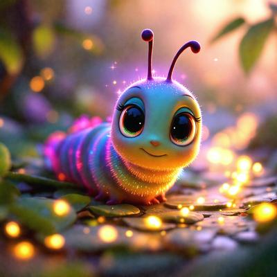The primary subject of the image is a cute, colorful, and light-up caterpillar. The caterpillar is sitting on a leaf, surrounded by a lush green environment. The visual style of the image is a digital art or illustration, with the caterpillar being the main focus of the scene. The colors and mood of the image are vibrant and cheerful, with the caterpillar's neon colors and the greenery creating a lively atmosphere
